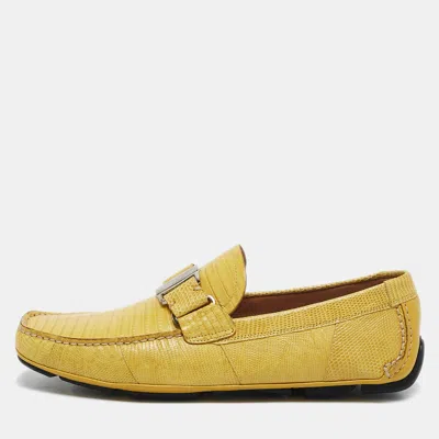 Pre-owned Ferragamo Yellow Lizard Leather Sardegna Loafers Size 41.5