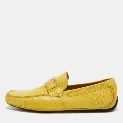 Pre-owned Ferragamo Yellow Lizard Sardegna Loafers Size 44.5