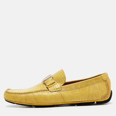 Pre-owned Ferragamo Yellow Lizard Sardegna Loafers Size 44.5