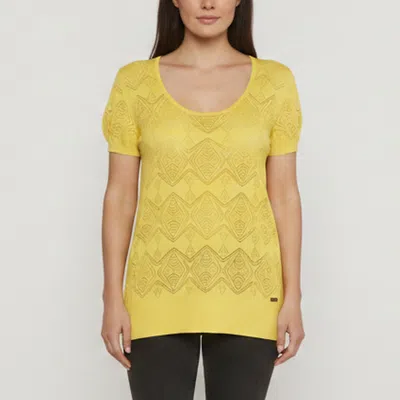 Pre-owned Ferragamo Yellow Pointelle Lace Knit Short Sleeve Top L