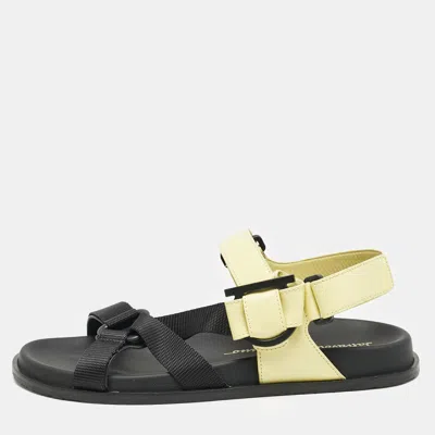 Pre-owned Ferragamo Yellow/black Leather And Canvas Aja Flat Sandals Size 40.5