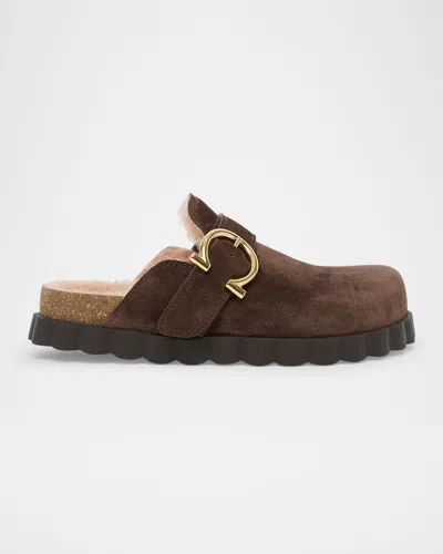 Ferragamo Zaida Merino Wool-lined Suede Clogs In Brown