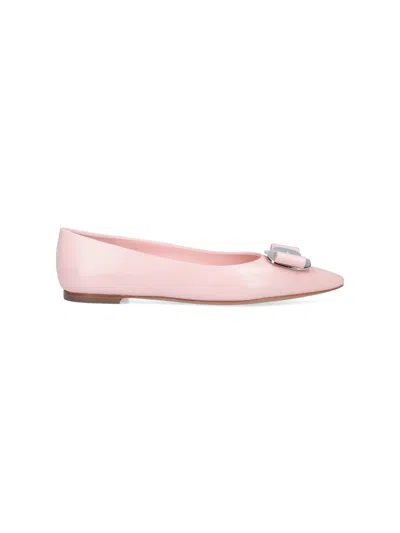 Ferragamo Buckle Pointed Toe Ballerina Shoes In Pink