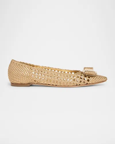 Ferragamo Zea Metallic Woven Buckle Ballerina Flats In Gold