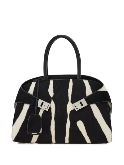 Ferragamo Zebra Print Buckle Hug Tote Bag In Black