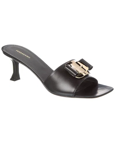 Ferragamo Zelie Leather Bow Mule Sandals In Black