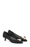 Ferragamo Zelma Bow Woven Pointed Toe Kitten Heel Pump In Nero