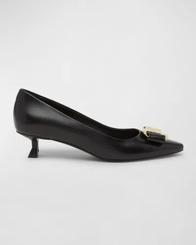 Ferragamo Zelma Leather Bow Kitten-heel Pumps In Nero