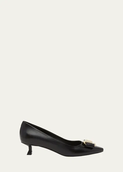 FERRAGAMO ZELMA LEATHER BOW KITTEN-HEEL PUMPS