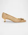 Ferragamo Zelma Bow Woven Pointed Toe Kitten Heel Pump In Gold Lux