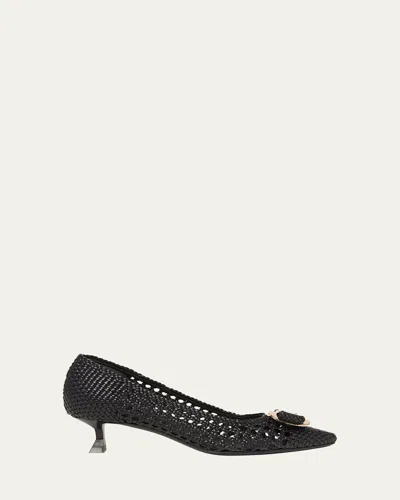 Ferragamo Zelma Woven Leather Buckle Pumps In Nero