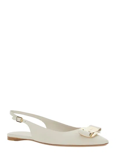 Ferragamo Zelmi White Slingback Ballet Shoes With Logo Plaque On The Front In Leather Woman