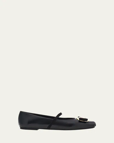Ferragamo Zina Leather Bow Mary Jane Ballerina Flats In Black