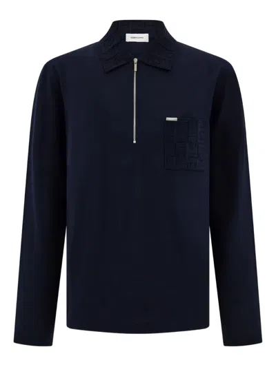 Ferragamo Zip Long-sleeved Polo Shirt In Blue