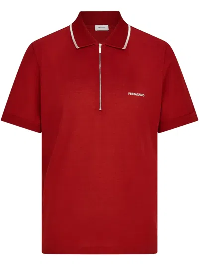 Ferragamo Cotton Polo Shirt With Zip Closure In Red