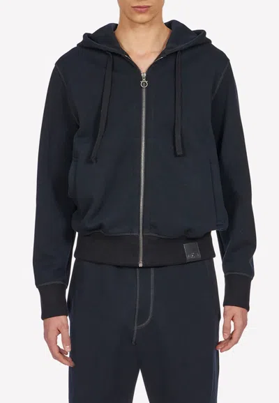 Ferragamo Zip-up Hooded Sweatshirt With Gancini Patch In Black