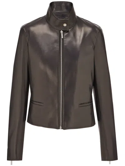 Ferragamo Zip-up Leather Biker Jacket In Black