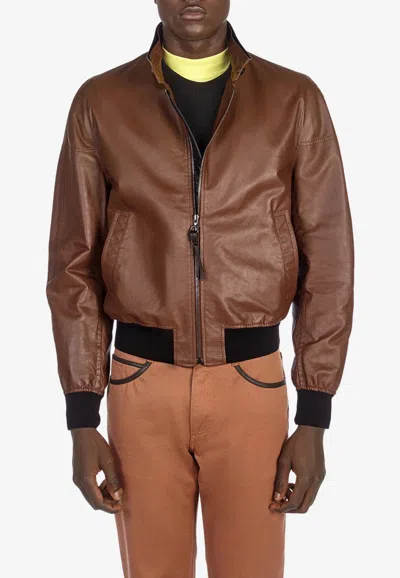 Ferragamo Zip-up Leather Bomber Jacket In Brown
