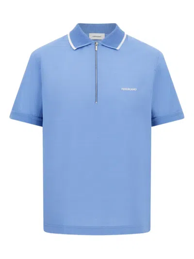 Ferragamo Cotton Polo Shirt With Zip Closure In Blue