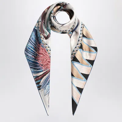 FERRAGAMO FERRAGAMO IVORY/BLUE SILK SCARF WITH GIADA PRINT