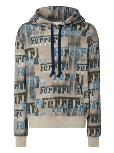 Ferrari Beige Hooded Sweatshirt With All-over Logo Print And Pouch Pocket In Multi