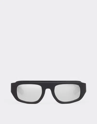 Ferrari Black  Sunglasses In Acetate And Leather With Silver Mirror Lens