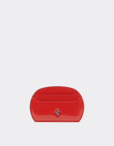 Ferrari Card Holder In Glossy Brushed Leather In Rosso Dino