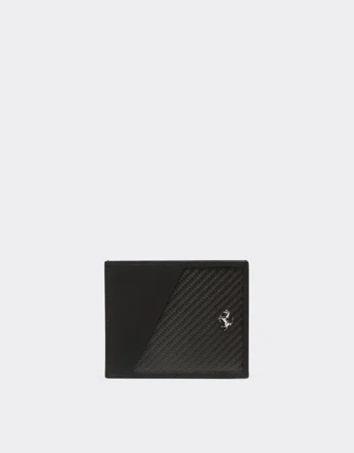 Ferrari Card Holder In Wrinkle-effect Leather And Carbon Fibre In Black