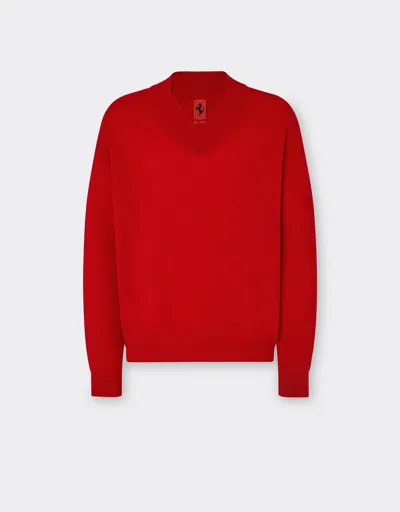 Ferrari Cashmere Sweater With V-neck In Rosso Dino