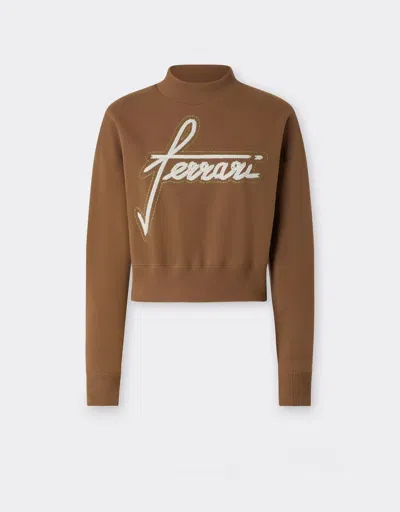 Ferrari Cotton Crew-neck Sweatshirt With Embroidery In Brown