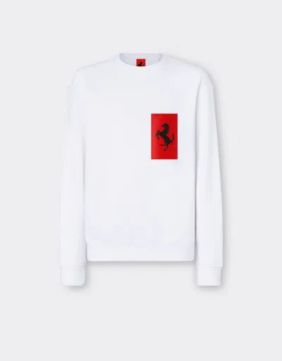 Ferrari Cotton Jumper With Prancing Horse Pocket In Optical White