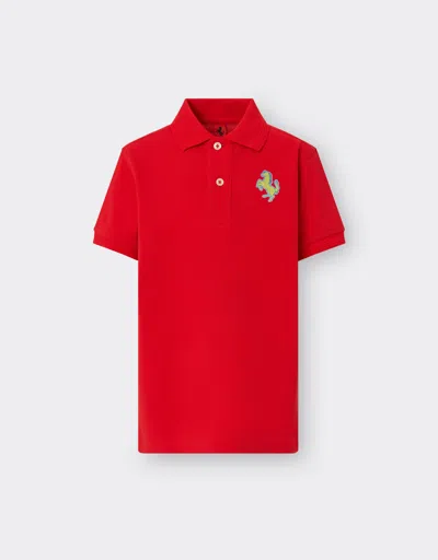 Ferrari Cotton Piqué Polo Shirt With Prancing Horse Patch In Rosso Corsa