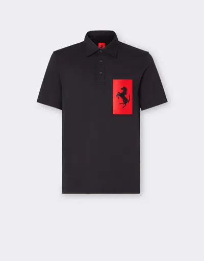 Ferrari Cotton Polo Shirt With Prancing Horse Pocket In Black