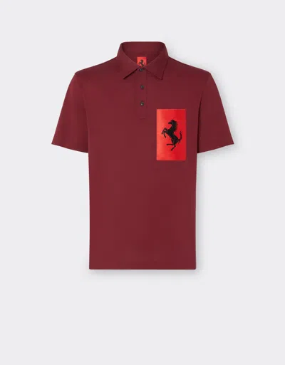 Ferrari Kids'  Cotton Polo Shirt With Prancing Horse Pocket In Burgundy