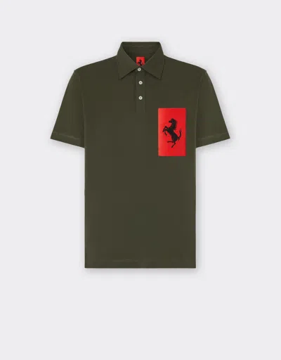 Ferrari Cotton Polo Shirt With Prancing Horse Pocket In Military