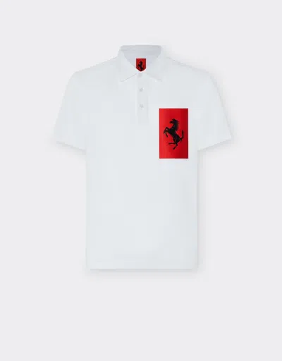 Ferrari Cotton Polo Shirt With Prancing Horse Pocket In Optical White