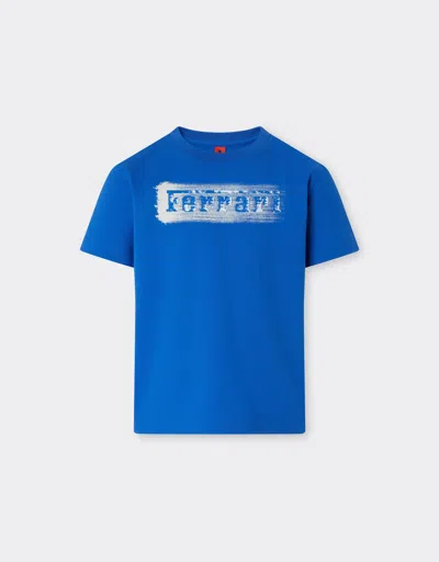 Ferrari Cotton T-shirt With Brushed-effect  Logo In Blue