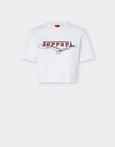 Ferrari Cotton T-shirt With Embroidered  Logo In White