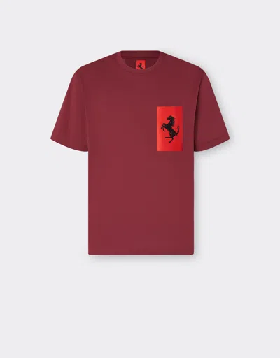 Ferrari Cotton T-shirt With Prancing Horse Pocket In Burgundy