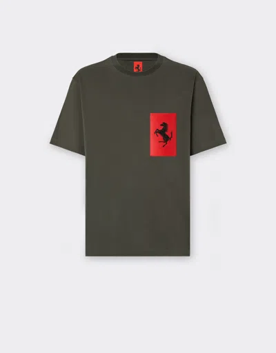 Ferrari Cotton T-shirt With Prancing Horse Pocket In Military