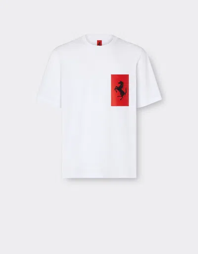 Ferrari Kids'  Cotton T-shirt With Prancing Horse Pocket In Optical White