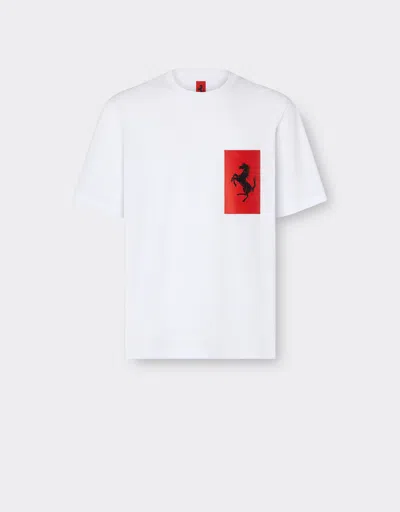 Ferrari Cotton T-shirt With Prancing Horse Pocket In Optical White