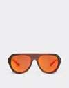 Ferrari Brown Sunglasses With Leather Details And Polarised Mirror Lenses In Brown