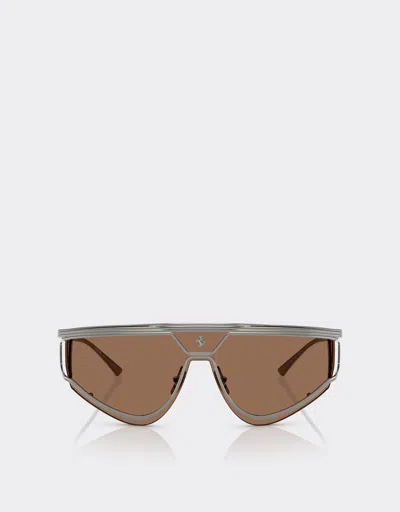 Ferrari Limited Edition Shield Sunglasses In Satin Metal With Brown Lens In Dark Grey