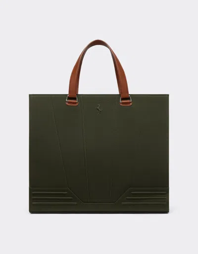 Ferrari Medium Tote Gt Bag In Cotton Twill With Prancing Horse Detail In Military