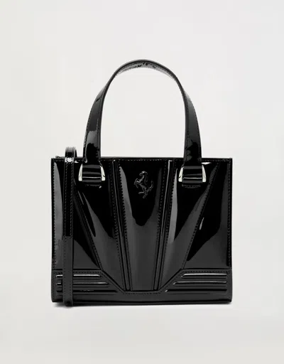 Ferrari Mini Tote Gt Bag In Glossy Patent Leather With Prancing Horse Detail In Black