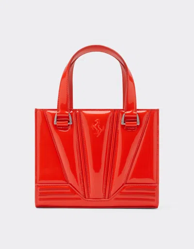 Ferrari Mini Tote Gt Bag In Glossy Patent Leather With Prancing Horse Detail In Rosso Dino