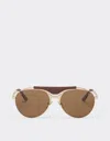 Ferrari Sunglasses In Gold-tone Metal And Leather With Polarised Brown Lenses In Satin Gold