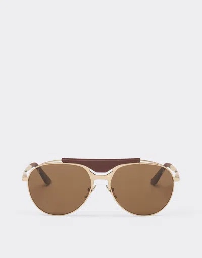 Ferrari Sunglasses In Gold-tone Metal And Leather With Polarised Brown Lenses In Satin Gold