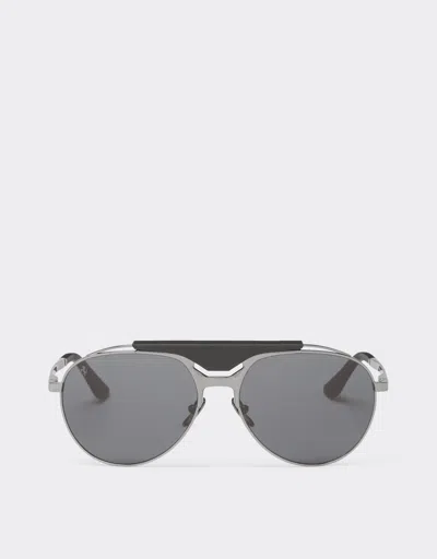 Ferrari Sunglasses In Gunmetal Grey Metal And Leather With Blue Lenses In Ingrid